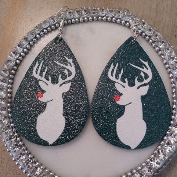 Green Leather Teardrop Reindeer Dangle Drop Earrings - Picture 2 of 5